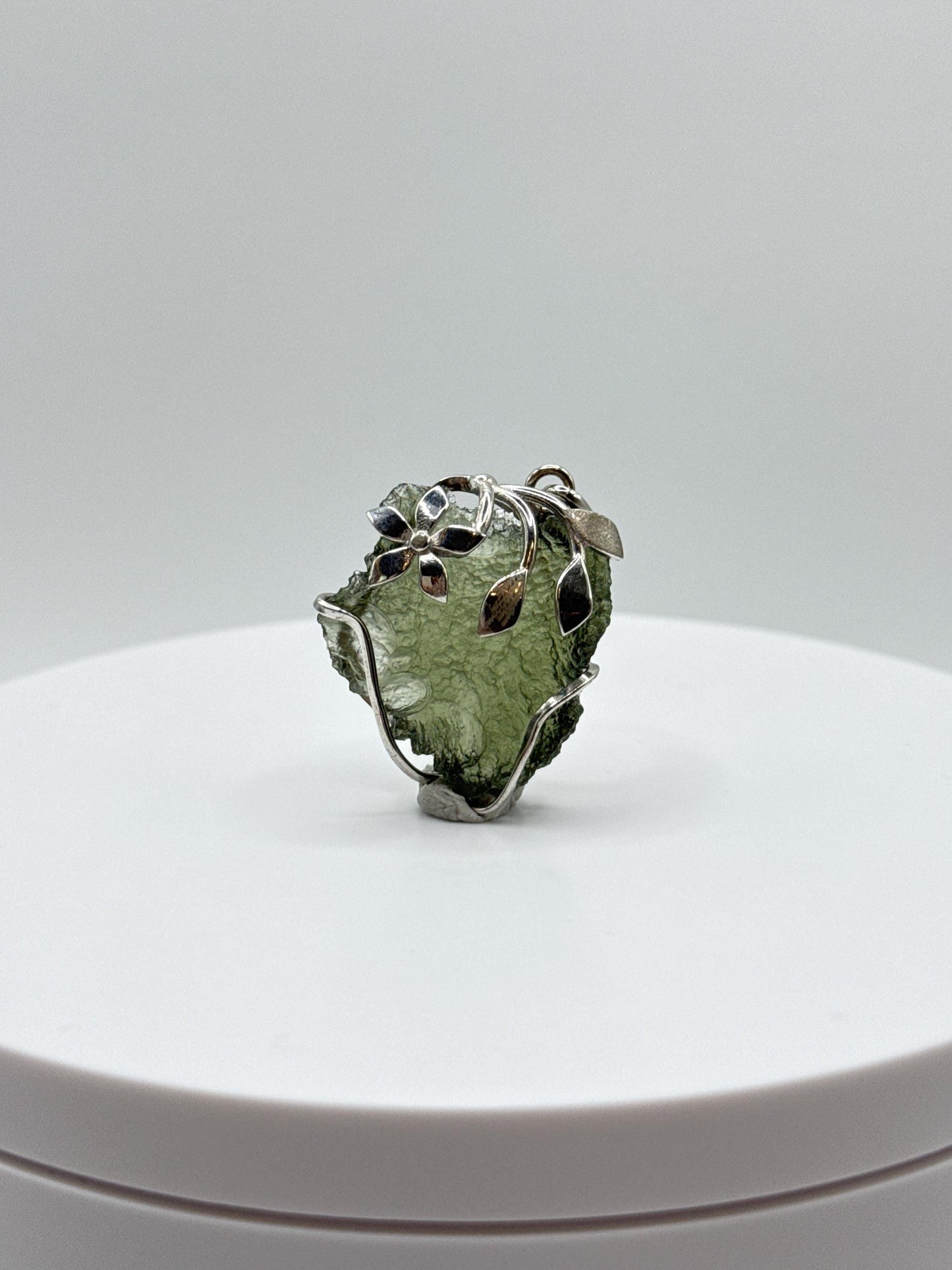 Moldavite Chunk Pendant with Silver Leaf & Flower Accents - Unique Natural Gemstone Pendant - 6.48 Grams