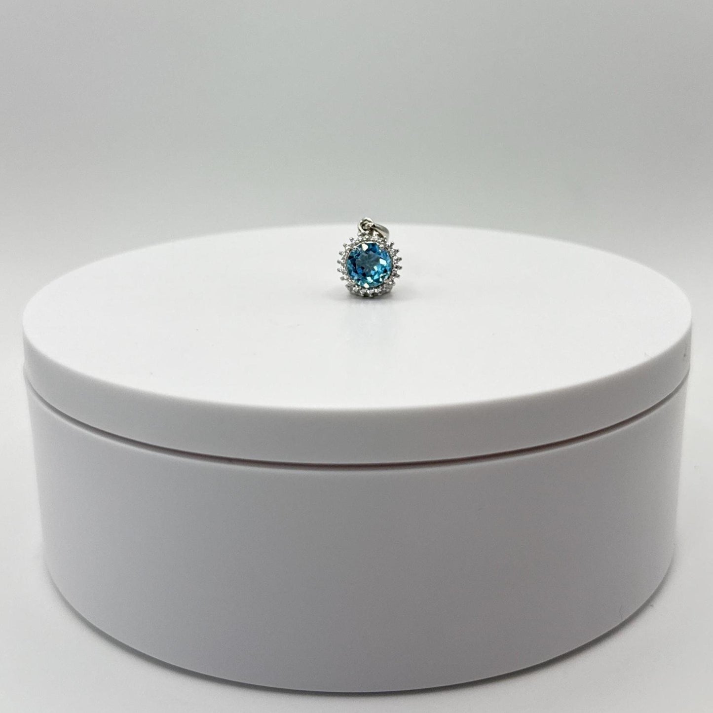 Elegant Round Blue Topaz Pendant with Halo Setting - Sterling Silver Necklace - 2.41 Grams