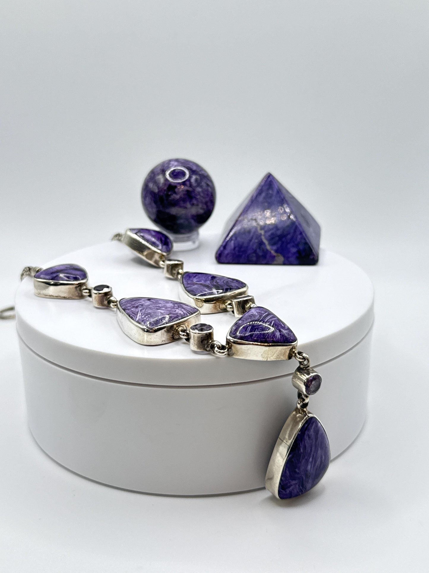 Charoite & Amethyst Drop Necklace – Sterling Silver - 52.57 Grams