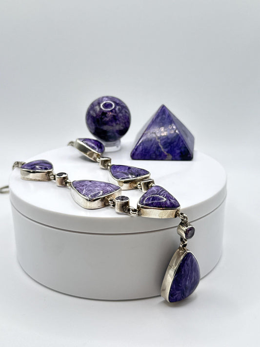 Charoite & Amethyst Drop Necklace – Sterling Silver - 52.57 Grams