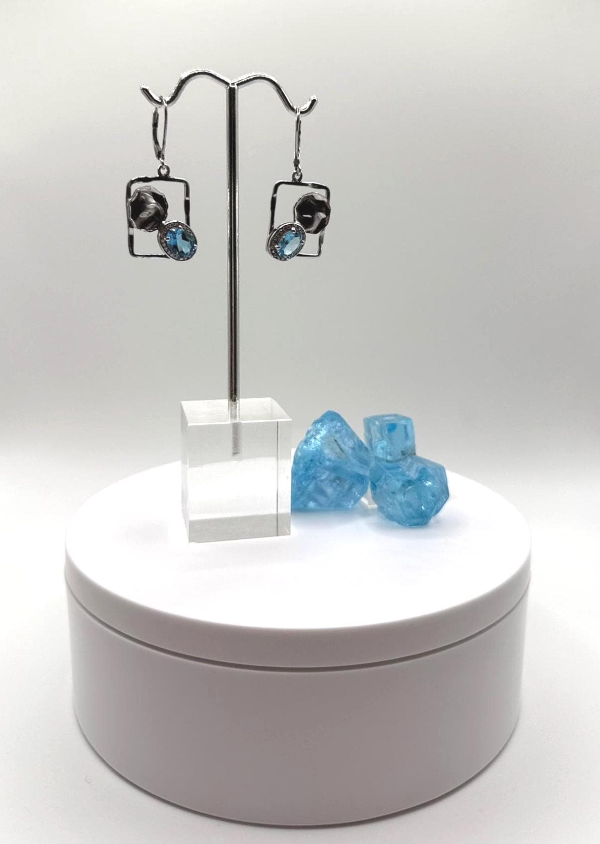 Swiss Blue Topaz Modern Geometric Dangle Earrings - Weight 5.22 Grams