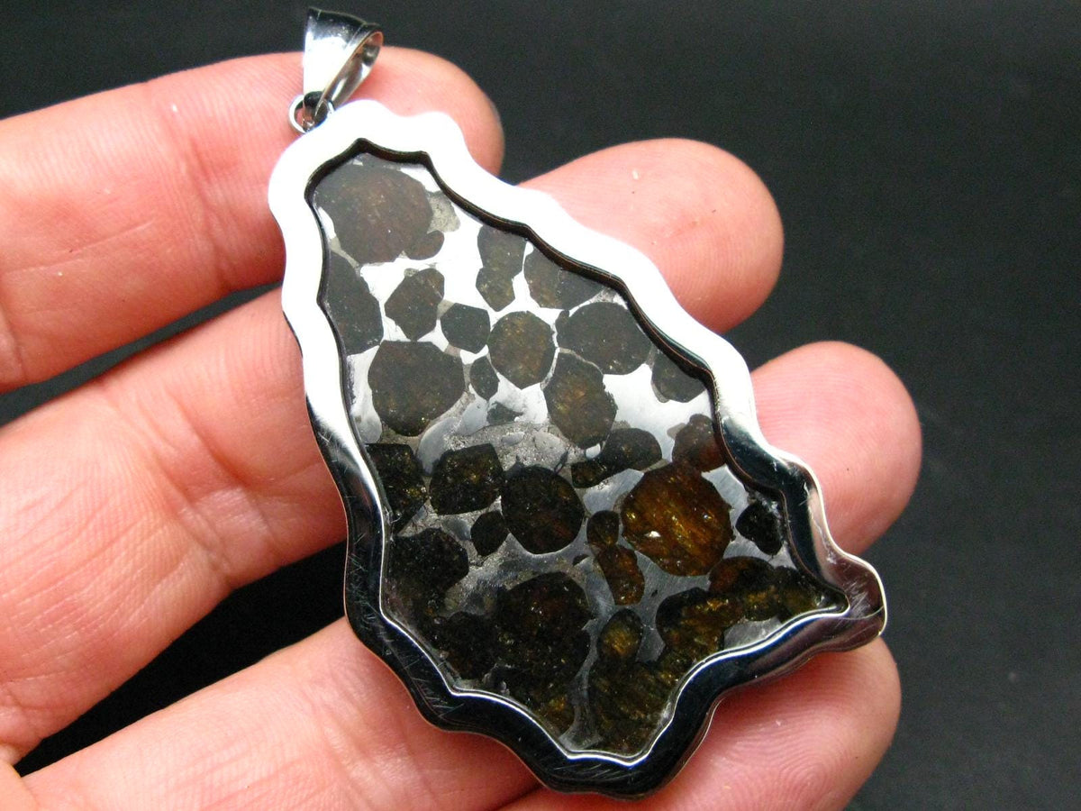Brahin Meteorite Slice With Olivine Pallasite Pendant from Belarus - 1.4" - 21.54 Grams