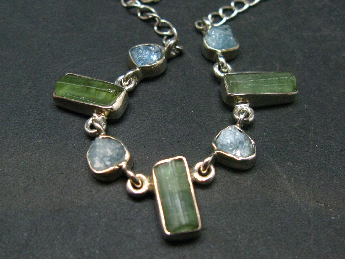 Green Tourmaline & Aquamarine Crystal Silver Necklace from Brazil - 18" - 9.05 Grams