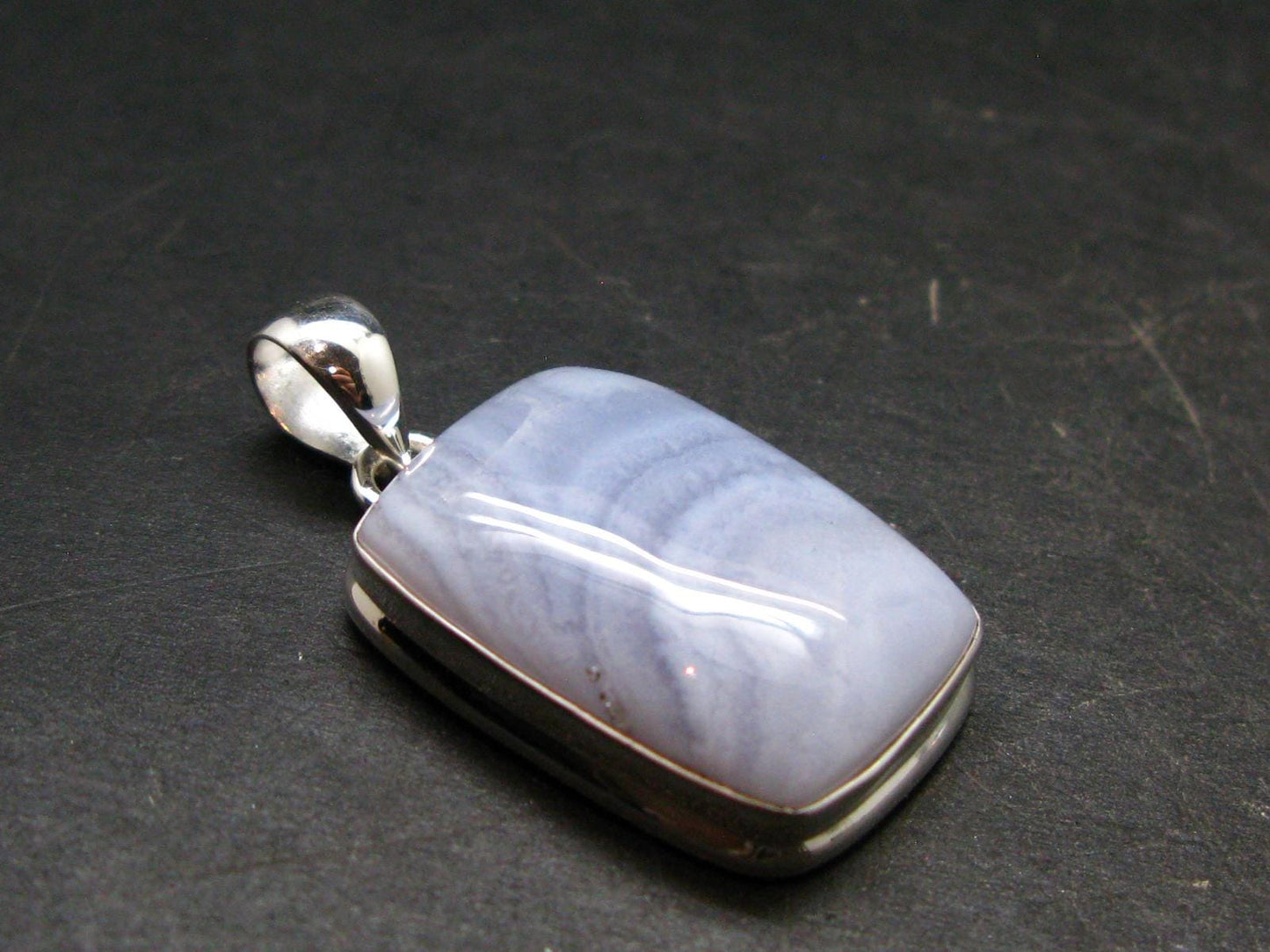 Rare Blue Lace Holly Chalcedony Agate Silver Plated Pendant From Malawi - 1.4" - 7.64 Grams