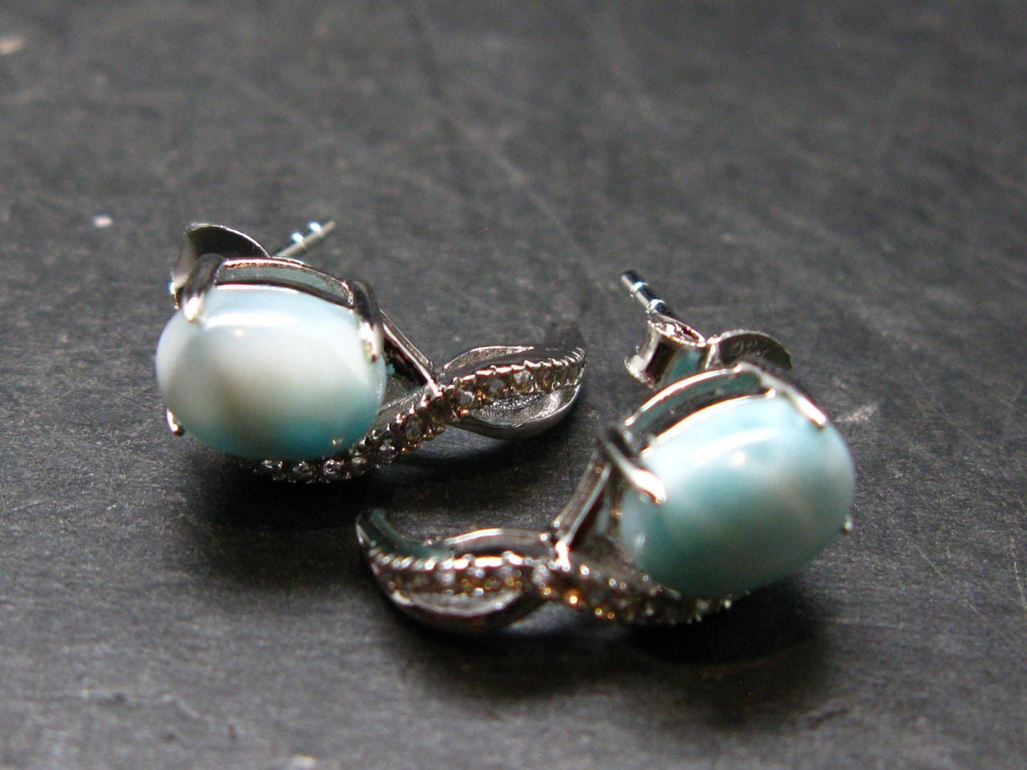 Natural Cabochon Larimar Pectolite 925 Sterling Silver Earrings from Dominican Republic - 2.77 Grams