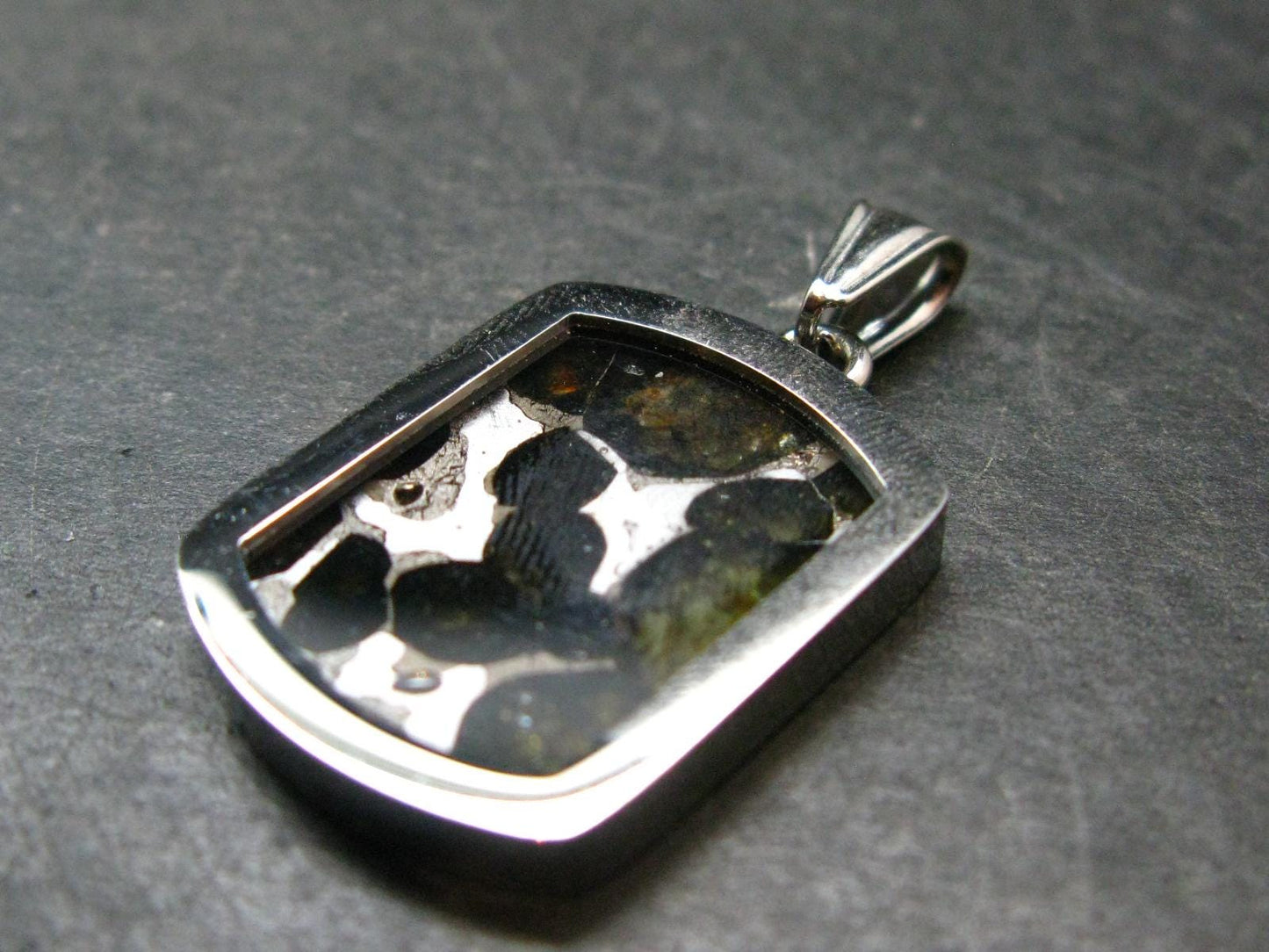 Rare Brahin Meteorite Slice With Olivine Pallasite Silver Pendant from Belarus - 1.2" - 4.36 Grams