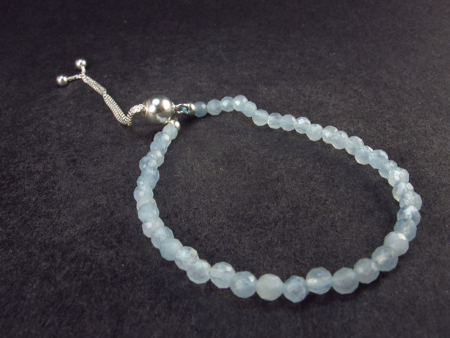 Lightweight Sparkly Faceted Aquamarine Tiny Beads Silver Bracelet from Brazil - Size adjustable - 2.72 Grams