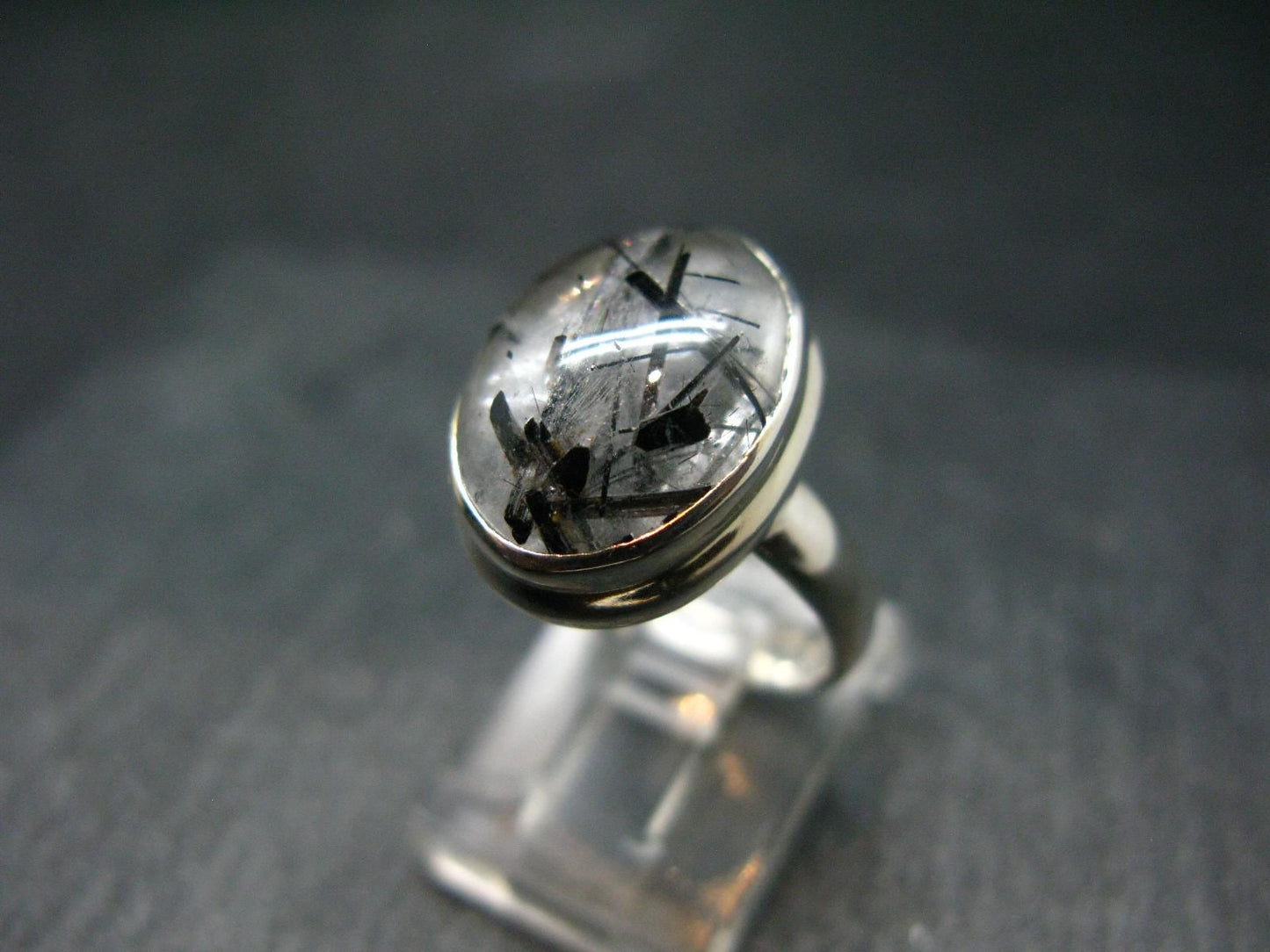 Natural Tourmaline in Quartz 925 Silver Ring From Brazil - 5.38 Grams - Size 5