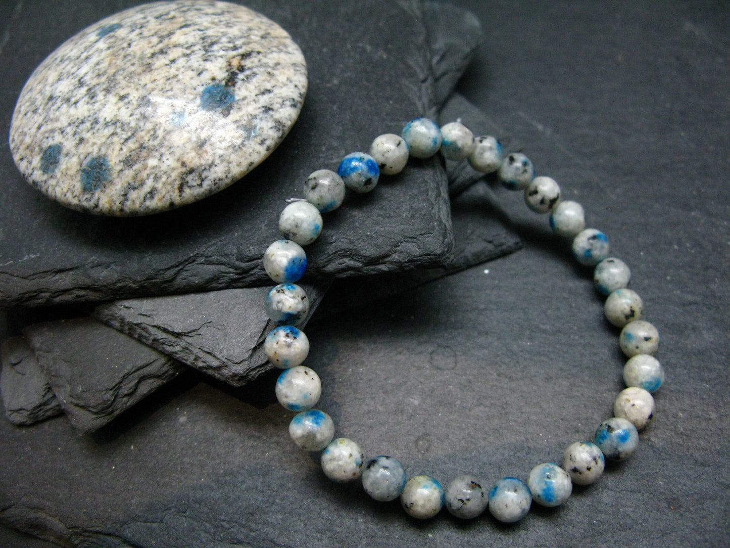 K2 Azurite in Granite Genuine Bracelet ~ 7 Inches ~ 6mm Round Beads