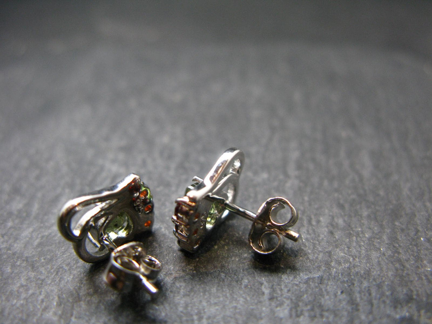 Moldavite Tektite & Red Garnet Silver Earrings from Czech Republic - 2.05 Grams