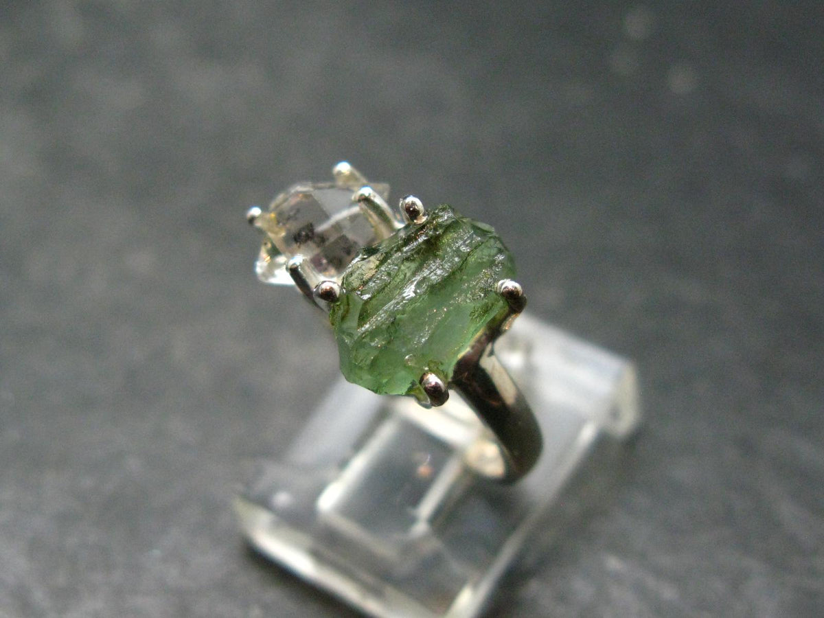 Moldavite Tektite and Herkimer Diamond Silver Ring - Size 5 - 2.84 Grams