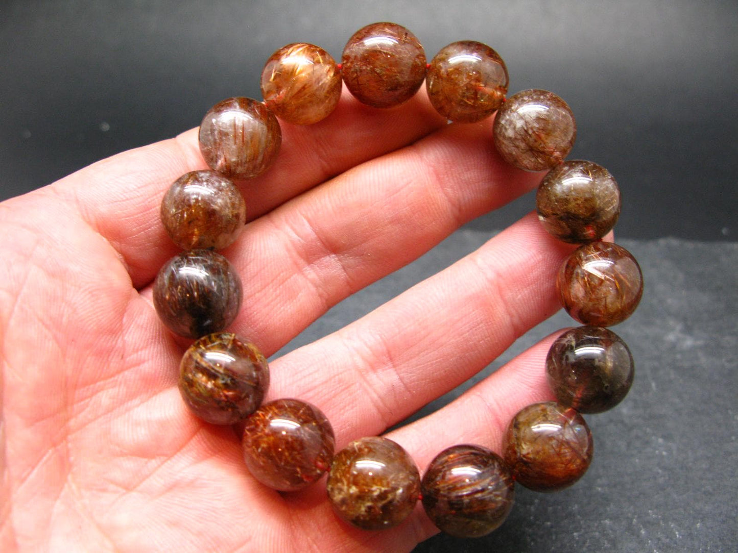 Red Rutilated Quartz Genuine Bracelet ~ 7 Inches ~ 14mm Round Beads