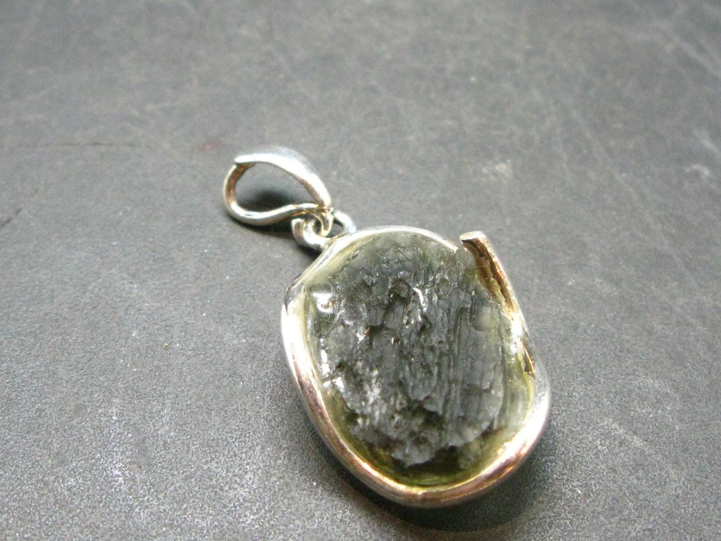 Moldavite Tektite Silver Clover Pendant from Czech Republic - 1.4" - 5.59 Grams