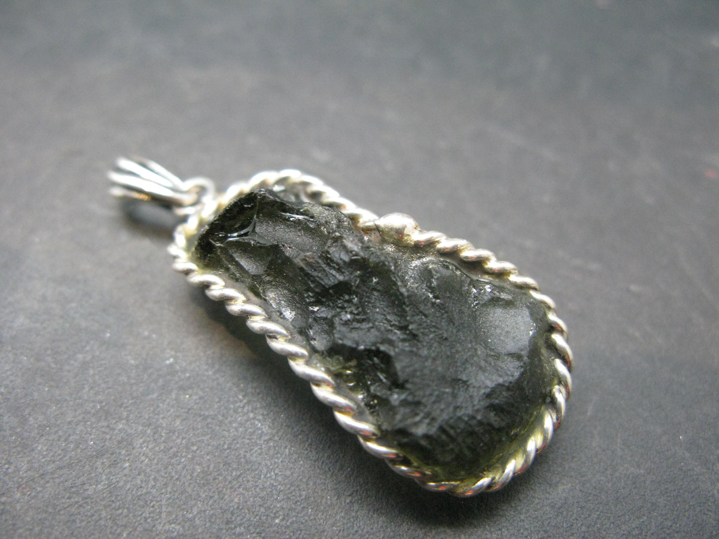 Moldavite Tektite Silver Pendant from Czech Republic - 1.7" - 6.54 Grams