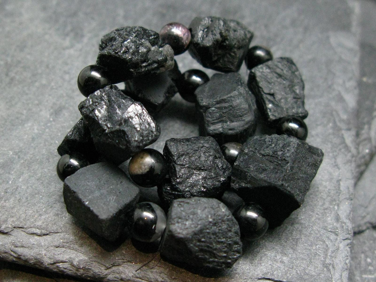 Black Tourmaline Genuine Bracelet ~ 7 Inches ~ 14mm Crystal Beads