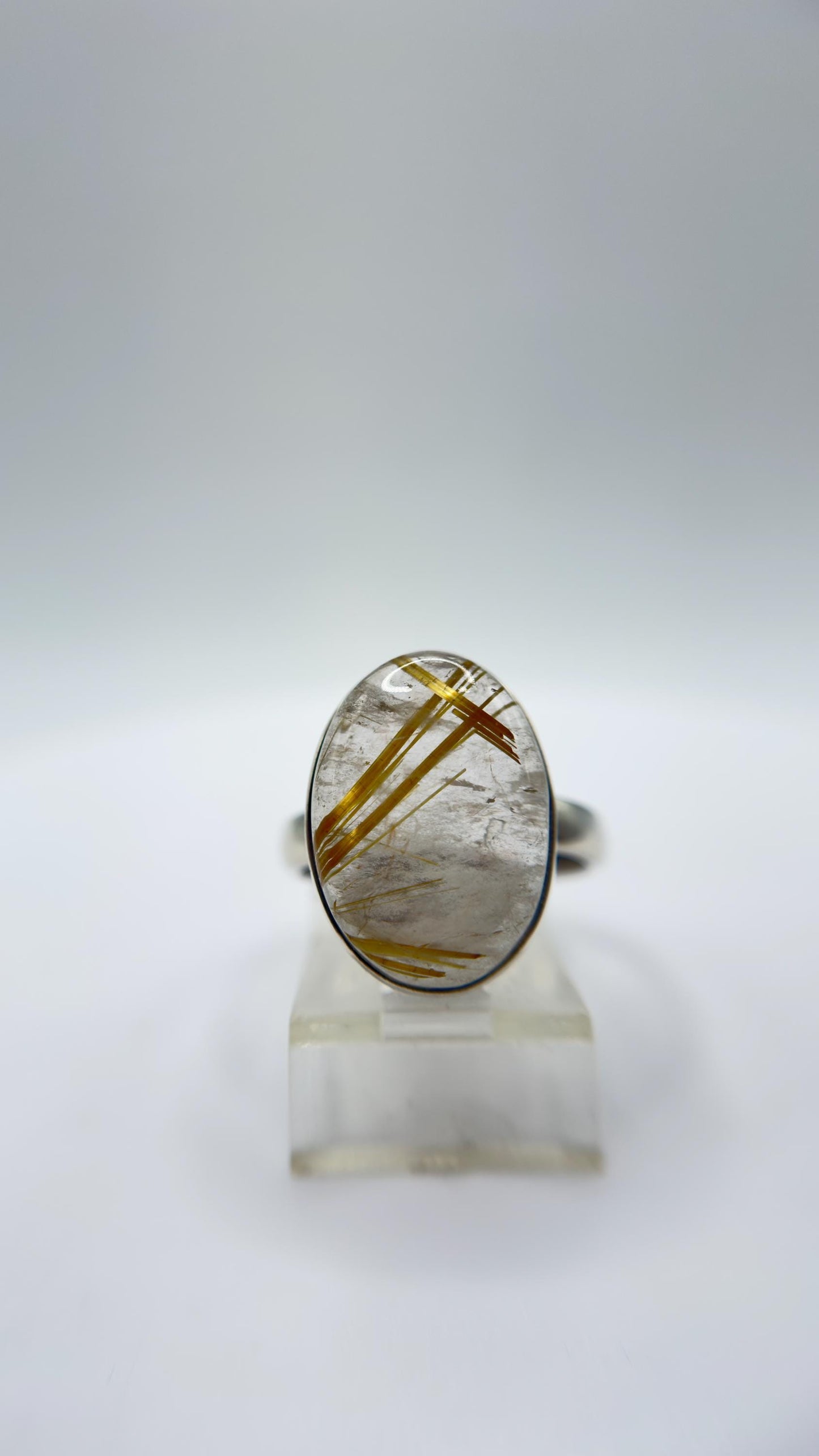 Golden Rutilated Quartz Ring – Large Oval Rutile Crystal Statement Ring - Size 8