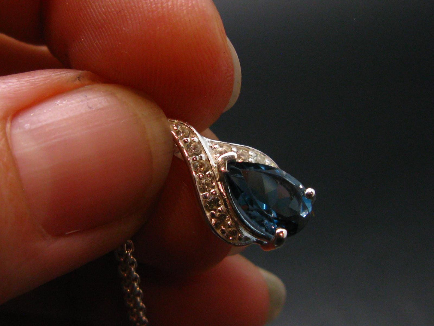 London Blue Topaz Sterling Silver Pendant with CZ From Brazil With Chain - 16" - 3.07 Grams