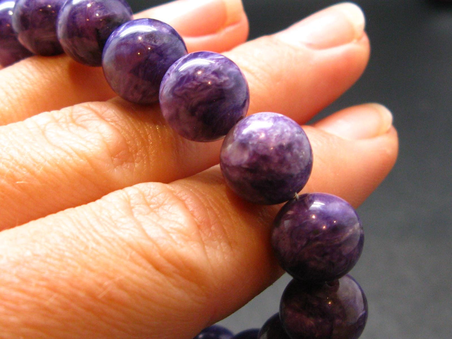 Charoite Genuine Bracelet - 25.84 Grams - 10mm Round Beads - 7 inches