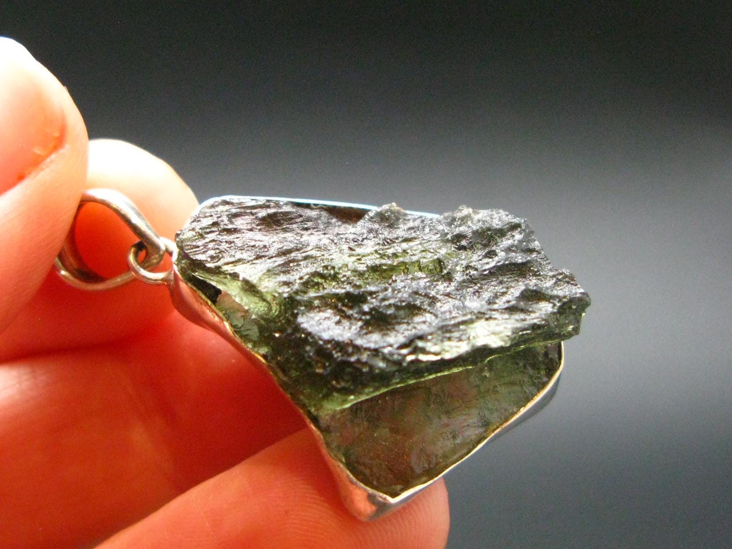 Moldavite Tektite Silver Clover Pendant from Czech Republic - 1.4" - 6.66 Grams
