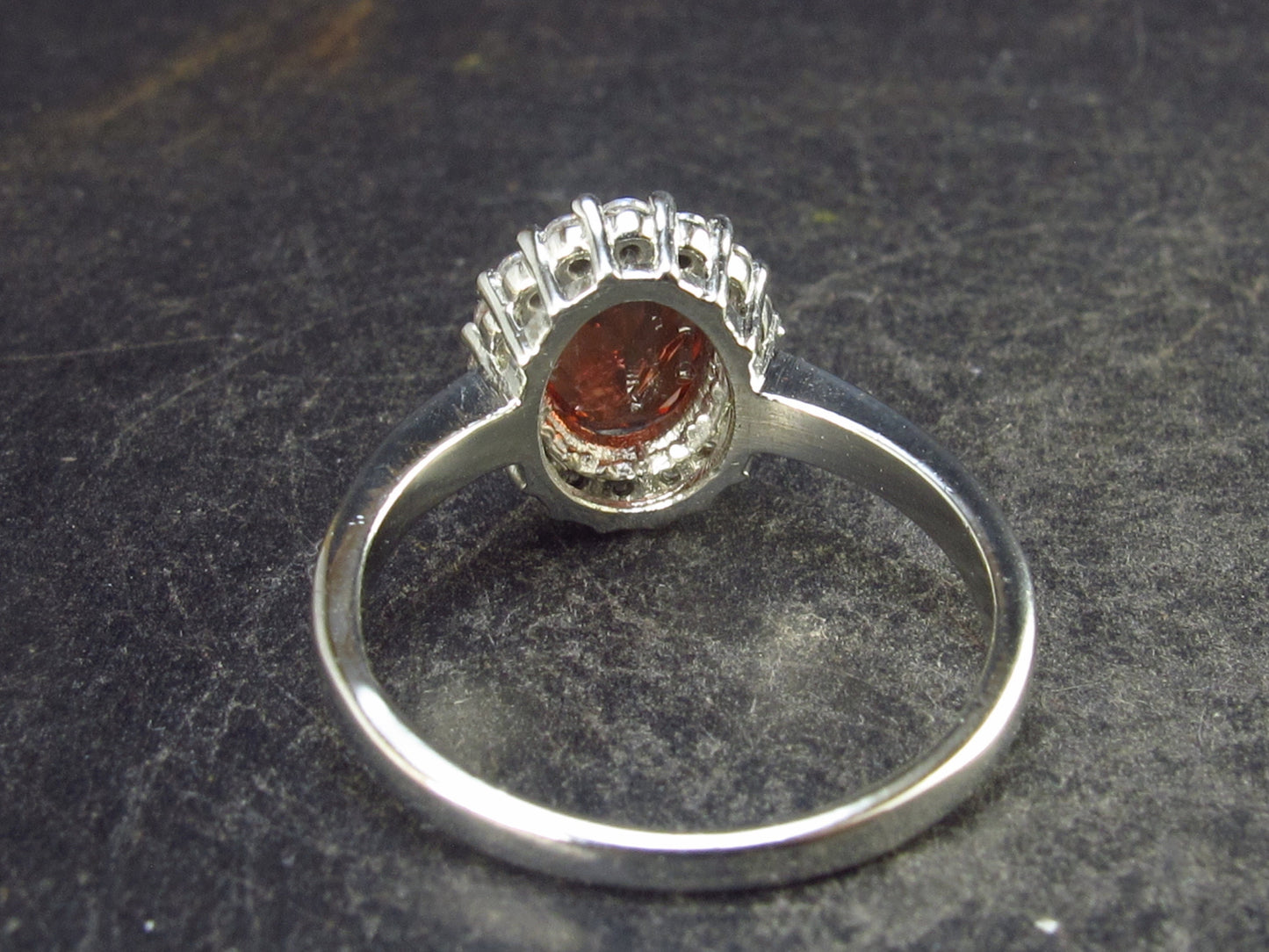 Natural Faceted Red Garnet Rhodium Plated Sterling Silver Ring with CZ - Size 7 - 2.90 Grams
