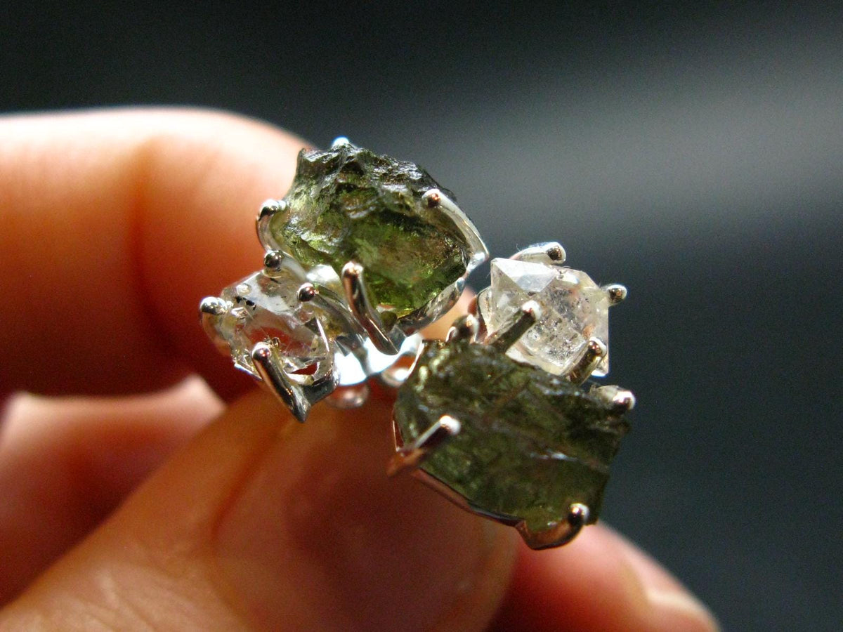 Moldavite & Herkimer Diamond Silver Stud Earrings - 0.7" - 2.64 Grams