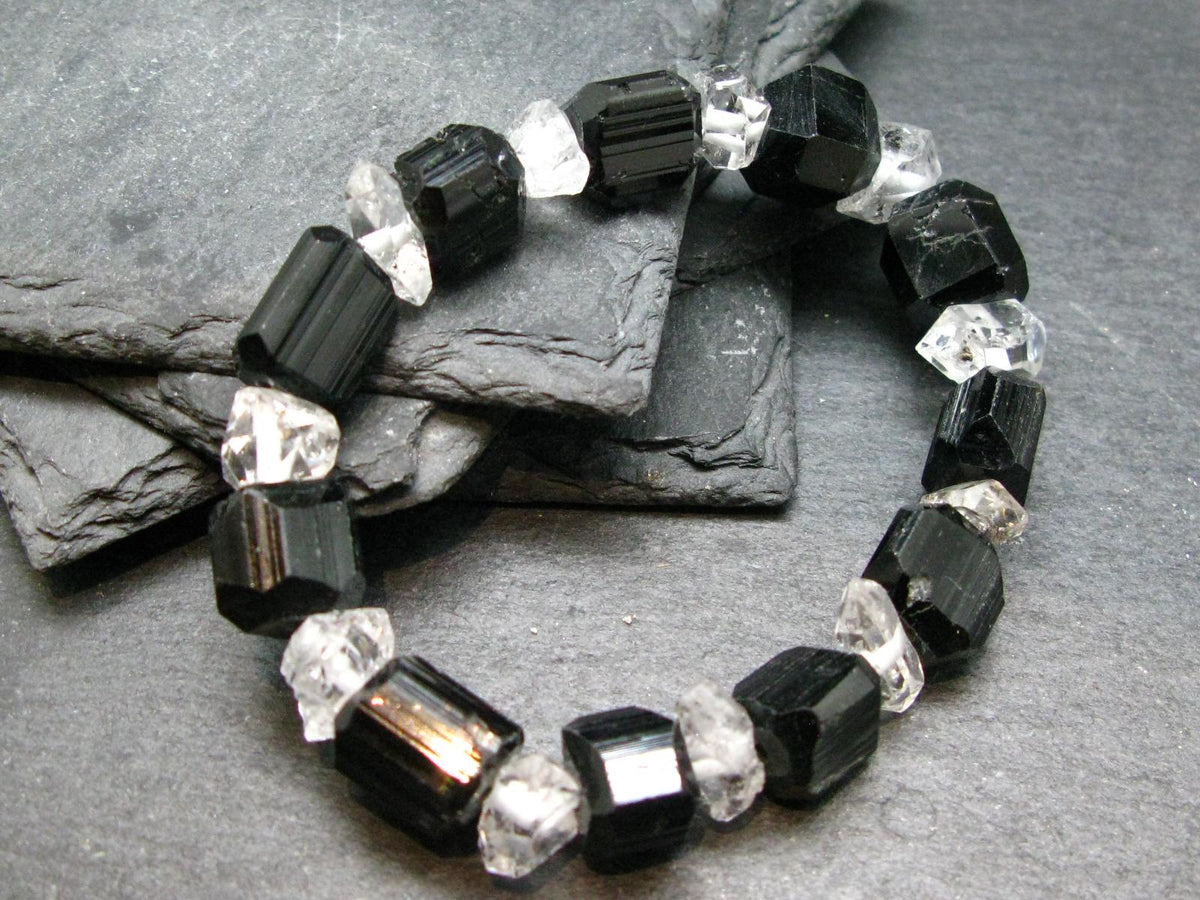 Black Tourmaline & Herkimer Diamond Genuine Bracelet ~ 7 Inches ~ 12mm Crystal Beads