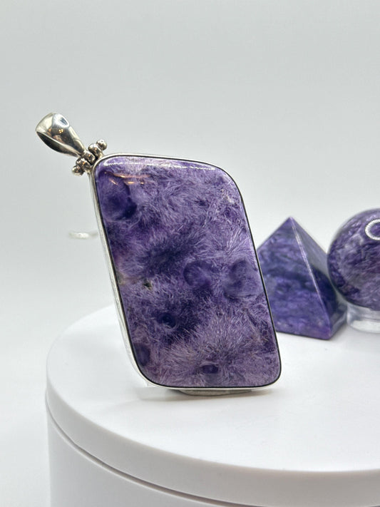 Charoite Sterling Silver Pendant – Modern Minimalist Design - 30.22 Grams
