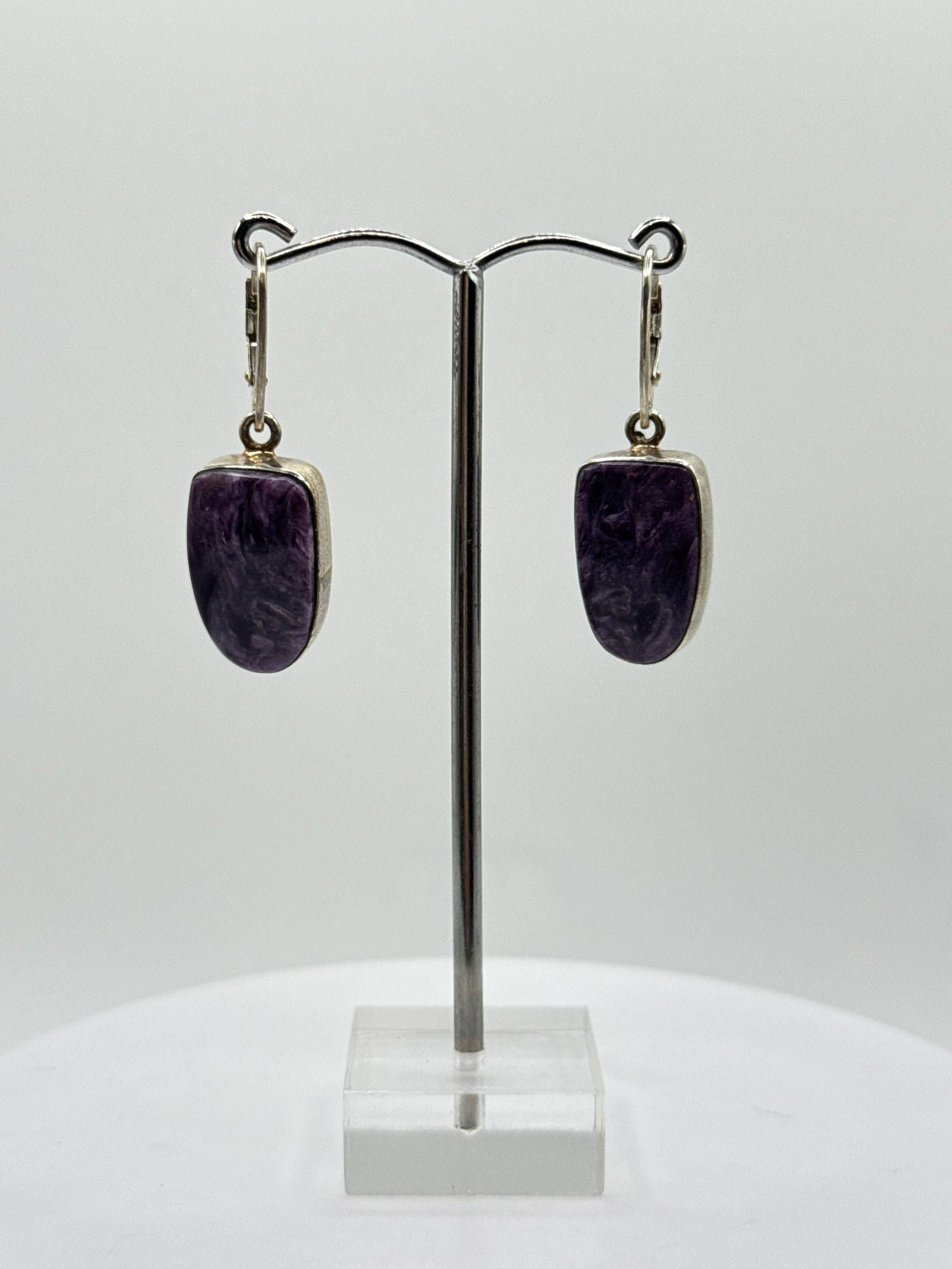 Charoite & Sterling Silver Oval Drop Earrings - 9.68 Grams