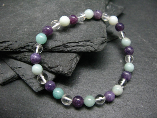 Amazonite, Clear Quartz & Lepidolite Genuine Bracelet ~ 7 Inches ~ 6mm Round Beads