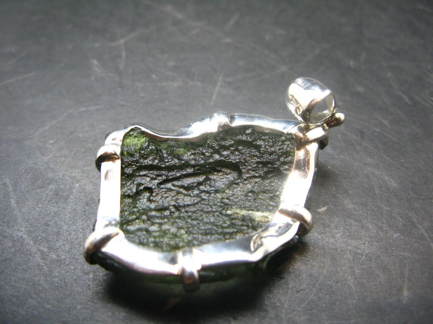 Moldavite Tektite Silver Dragon Pendant from Czech Republic - 2.2" - 15.96 Grams