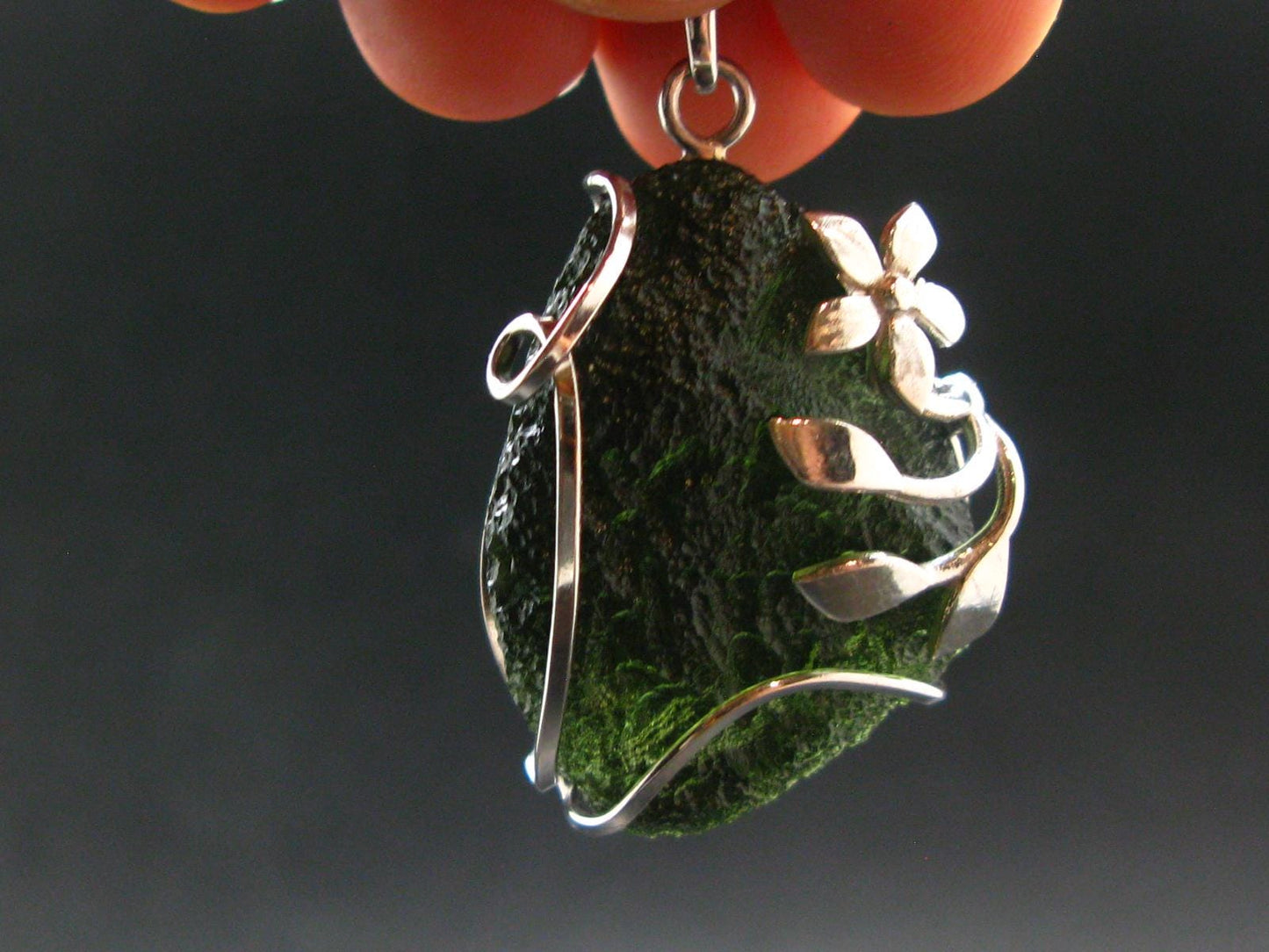 Gem Moldavite Tektite SS Pendant From Czech Republic - 1.8" - 13.1 Grams