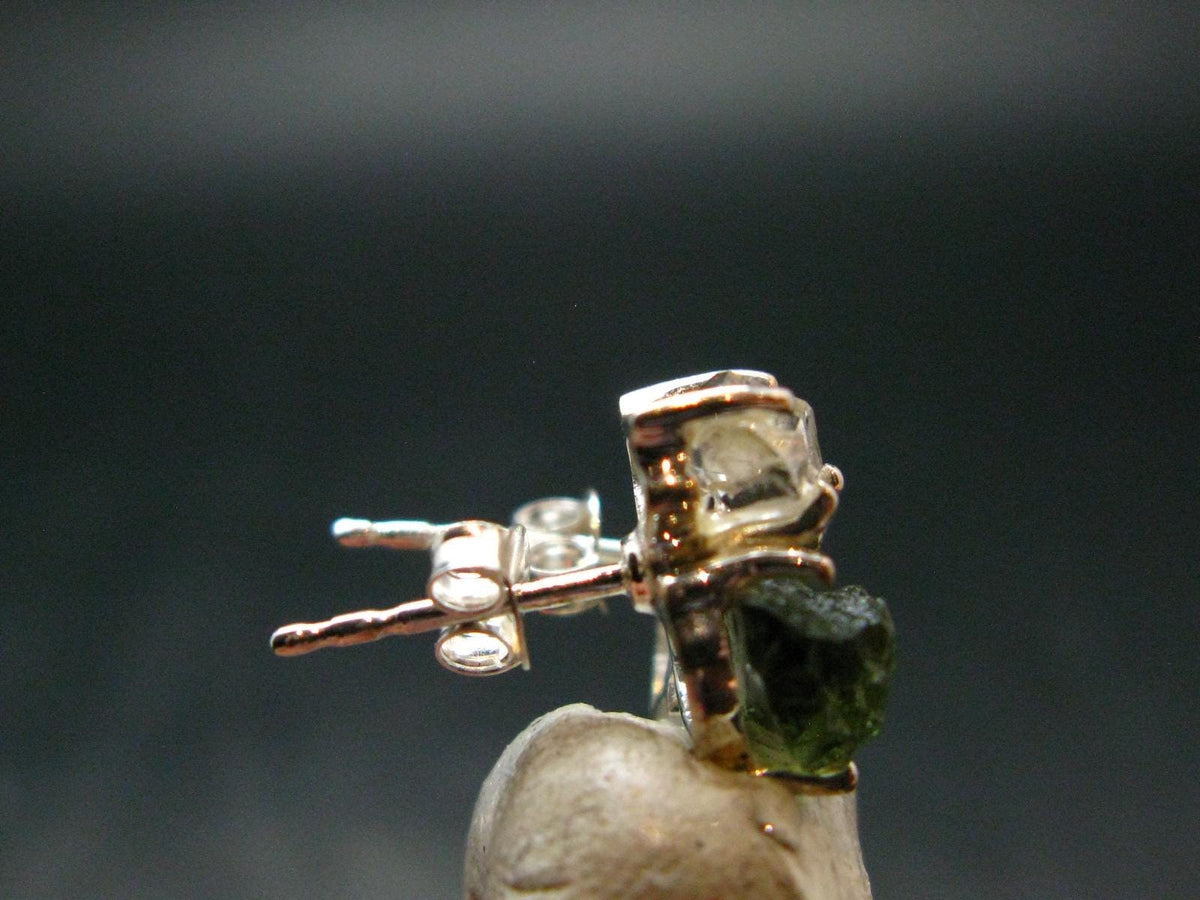 Moldavite & Herkimer Diamond Silver Stud Earrings - 0.4" - 2.52 Grams