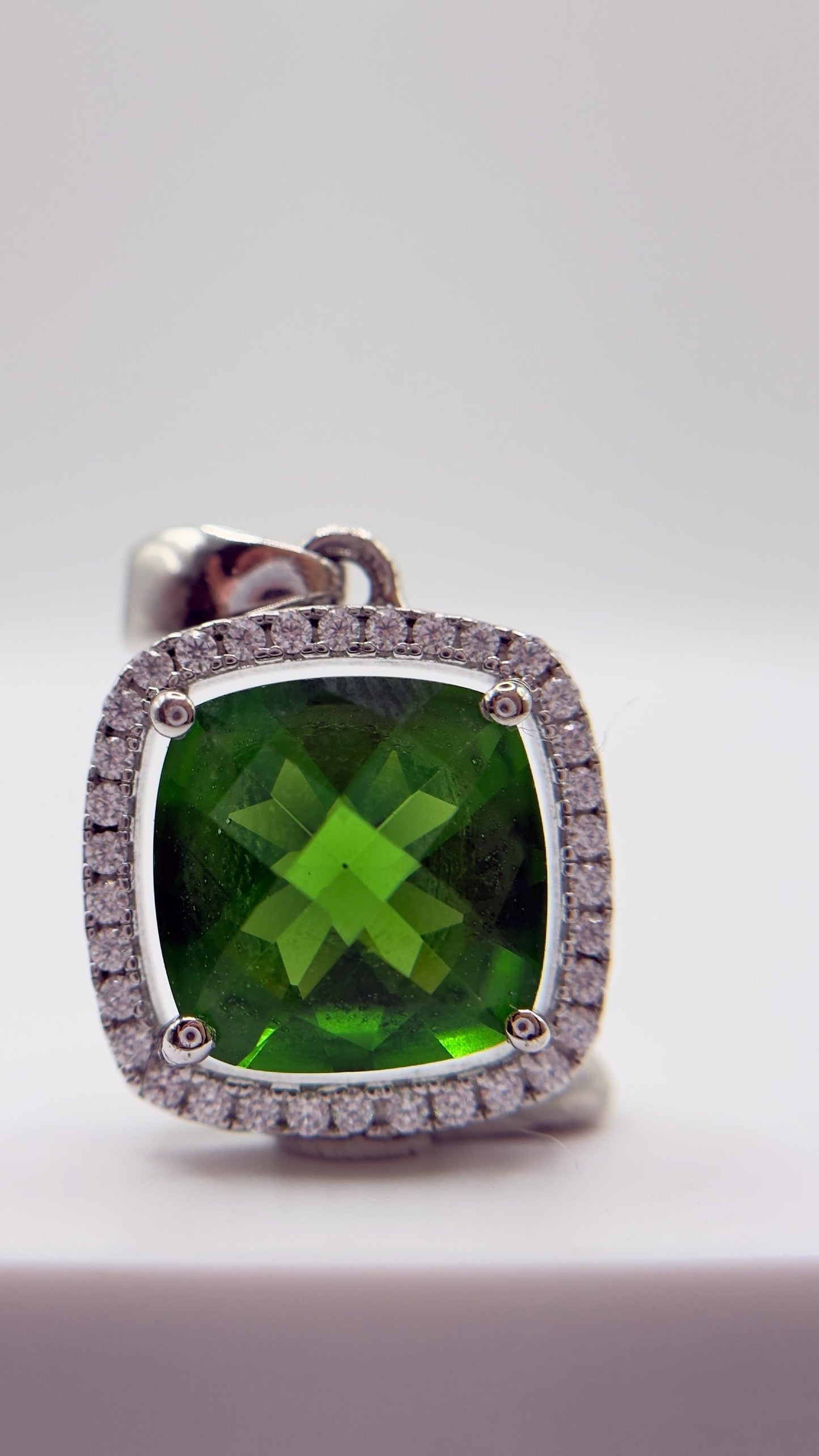 Green Helenite Cushion Cut Halo Pendant – Sterling Silver Statement Gemstone Necklace Pendant
