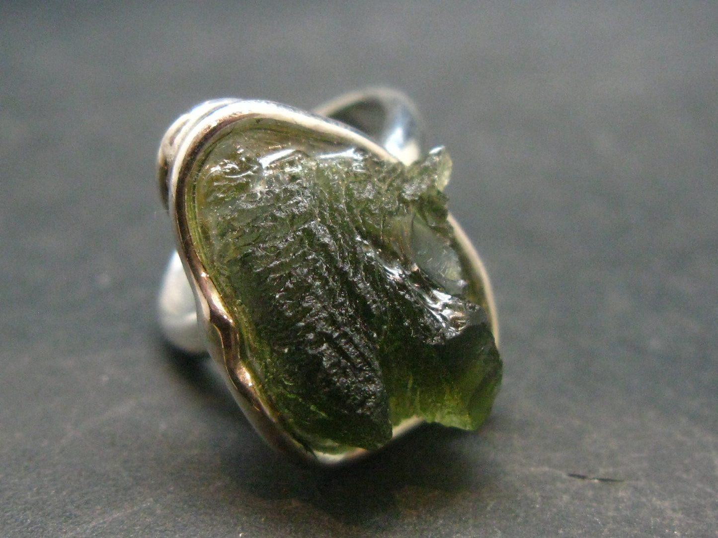 Moldavite Tektite Silver Ring from Czech Republic - Adjustable Size - 6.79 Grams