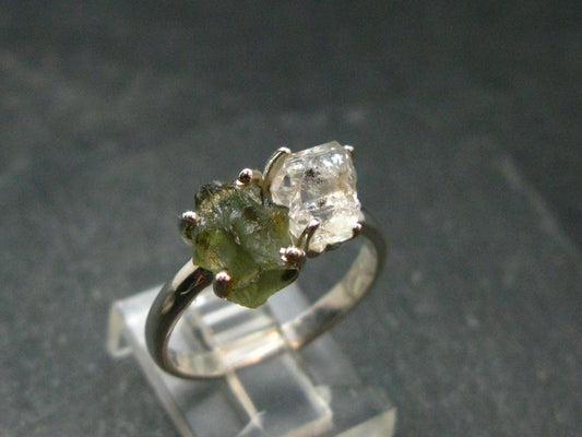 Moldavite Tektite and Herkimer Diamond Silver Ring - Size 8 - 2.73 Grams