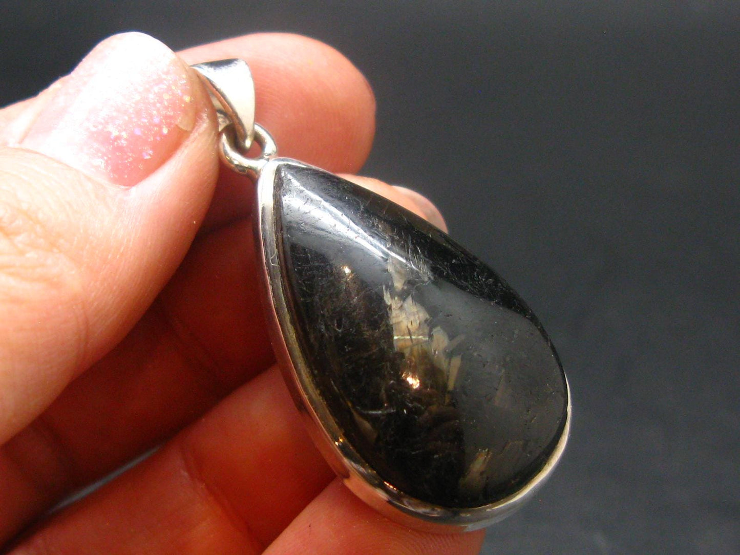 Very Rare Sterling Silver Nuumite Nuummite Pendant From Greenland - 1.6" - 10.53 Grams