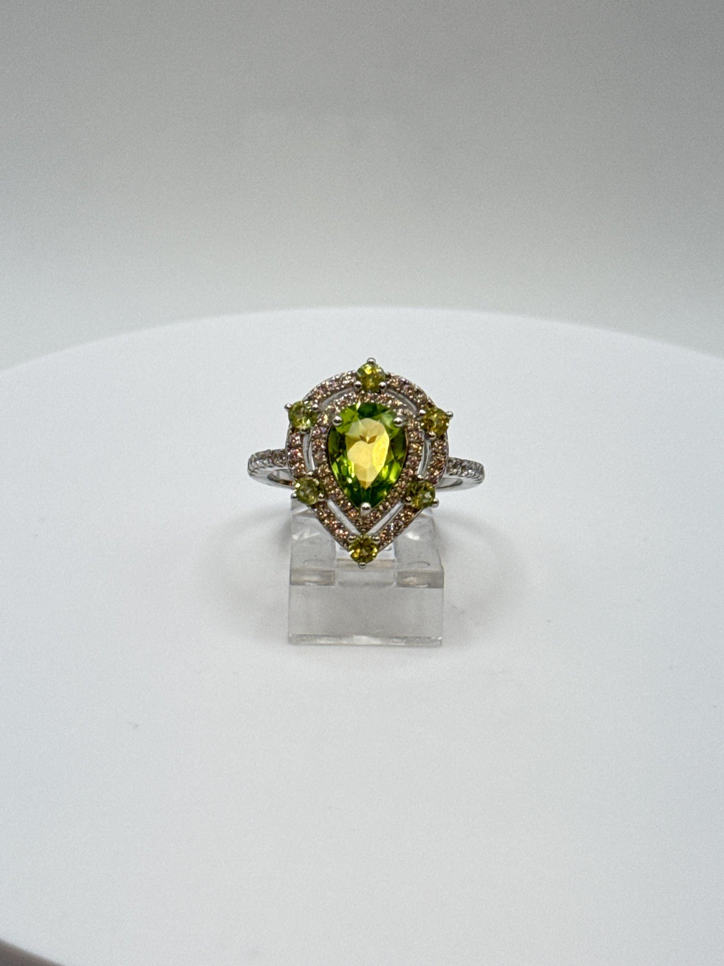 Pear-Shaped Peridot Halo Ring | Sterling Silver, August Birthstone, Size 7.5