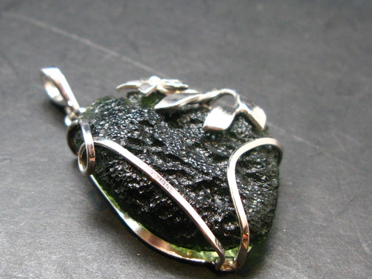 Gem Moldavite Tektite SS Pendant From Czech Republic - 1.8" - 13.1 Grams