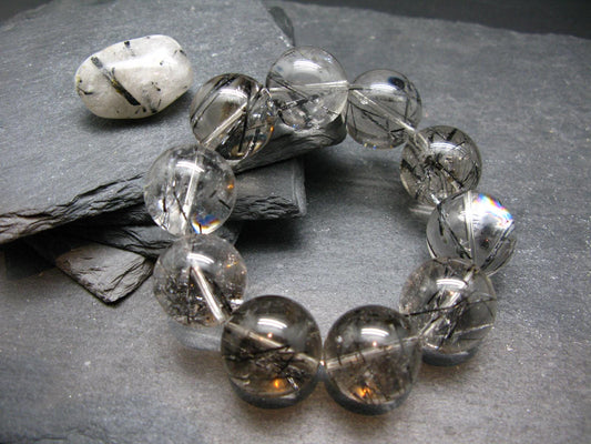 Tourmalinated Quartz w/ Black Tourmaline Genuine Bracelet ~ 7 Inches ~ 20mm Round Beads
