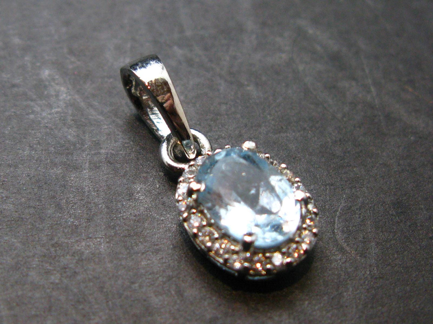 Elegant Genuine Solitaire Sky Blue Topaz Sterling Silver Pendant with CZ From Brazil - 0.7" - 1.44 Grams