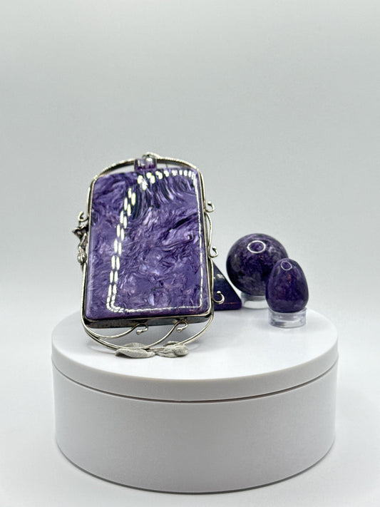 Charoite & Amethyst Sterling Silver Pendant - 78.52 Grams