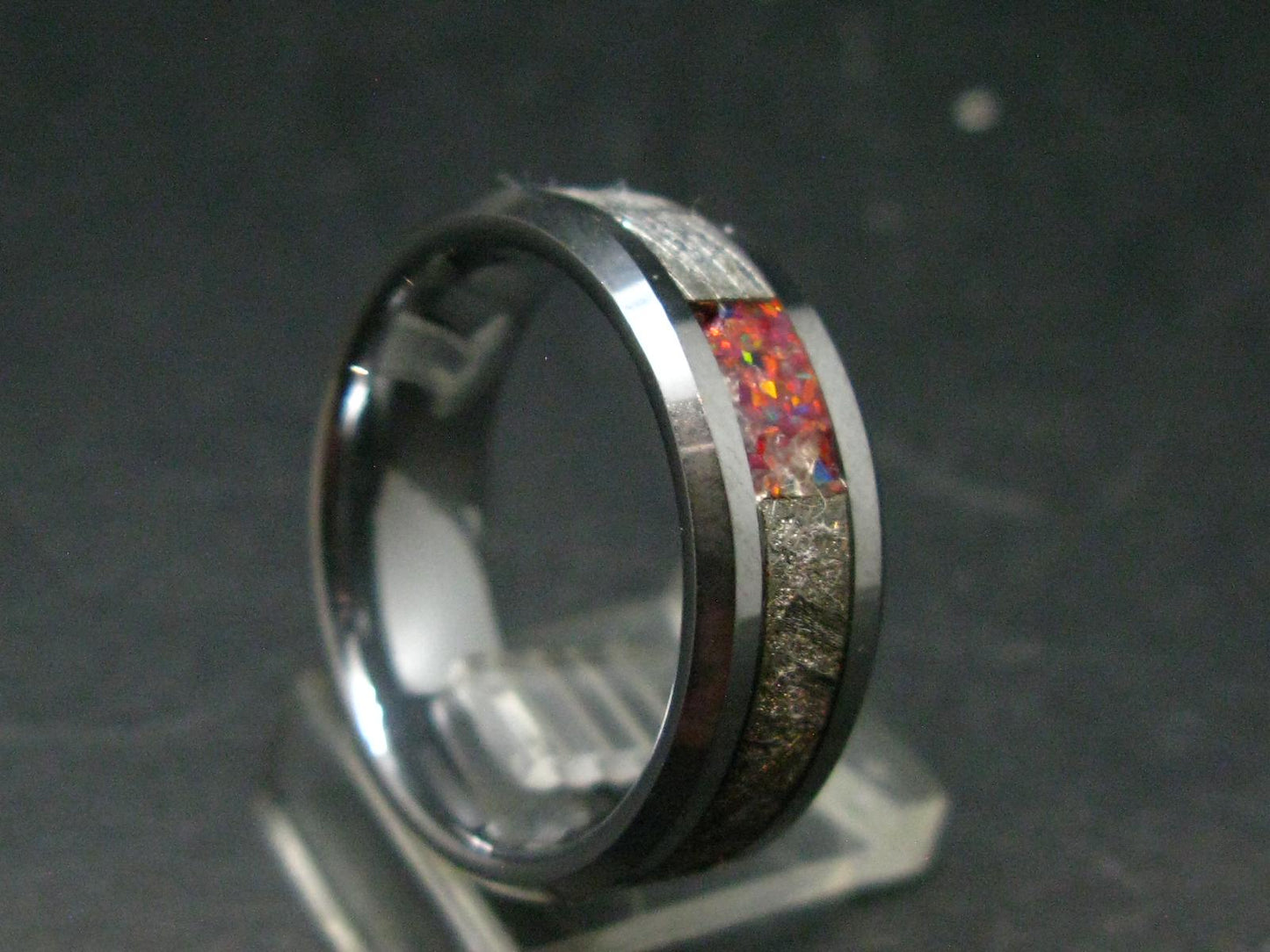 Muonionalusta Meteorite & Opal Steel Ring - 12.65 Grams - Size 10