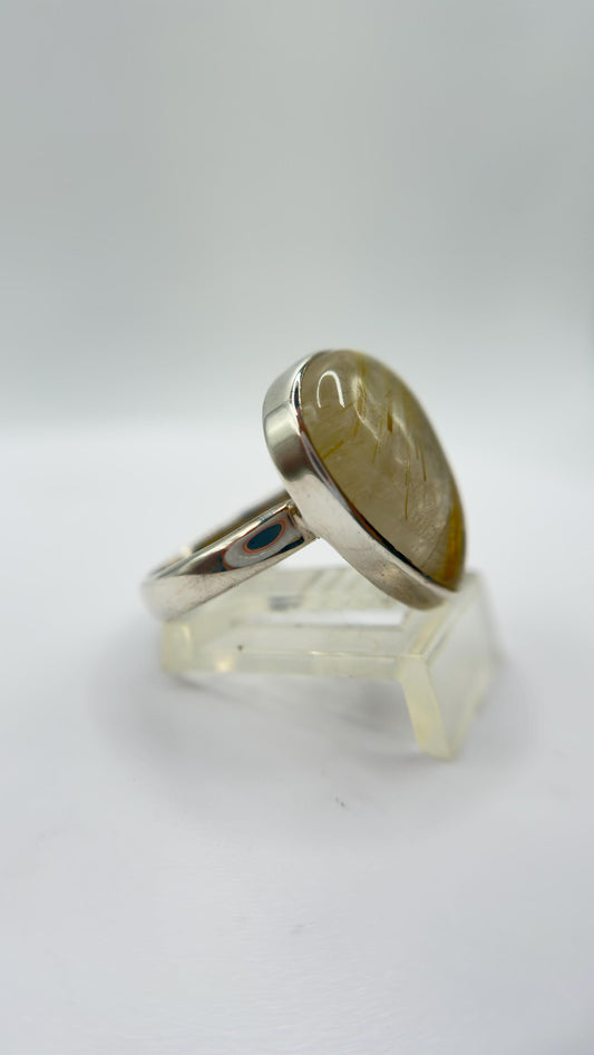 Golden Rutilated Quartz Ring – Pear Shape Rutile Crystal Statement Ring - Size 9