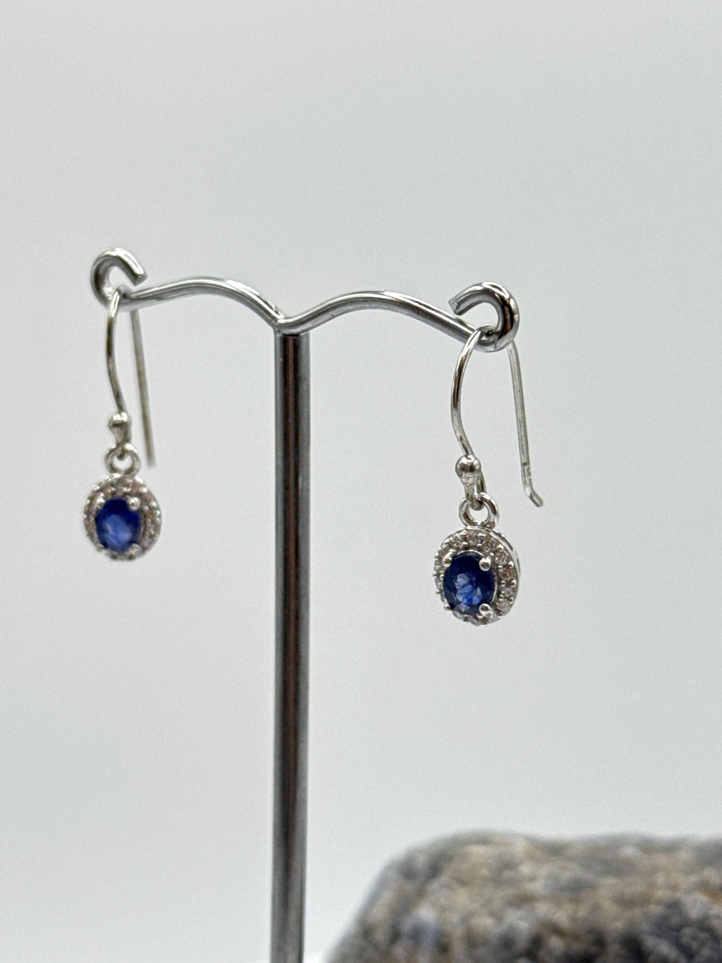Sapphire Halo Dangle Earrings | Natural Blue Sapphire Drop Earrings | Sterling Silver Earrings | September Birthstone - Weight 2.04 Grams