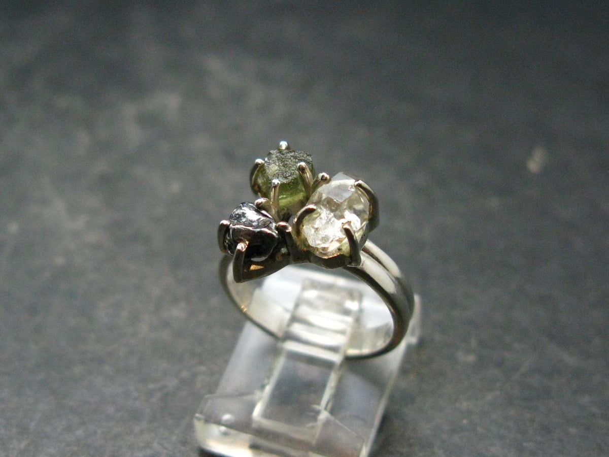 Moldavite Herkimer Meteorite Sterling Silver Ring From Czech Republic - Size 5 - 3.46 Grams