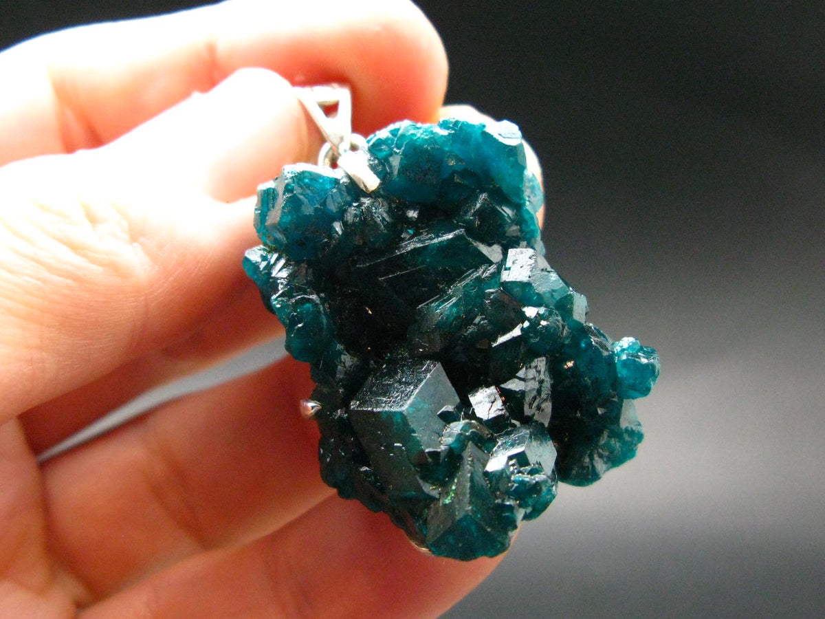 Dioptase Crystal Silver Pendant from Congo - 17.82 Grams - 1.7"
