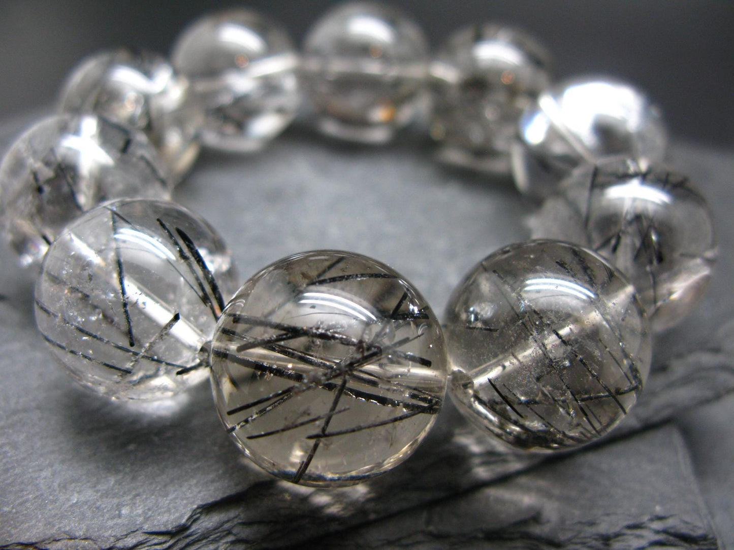 Tourmalinated Quartz w/ Black Tourmaline Genuine Bracelet ~ 7 Inches ~ 20mm Round Beads
