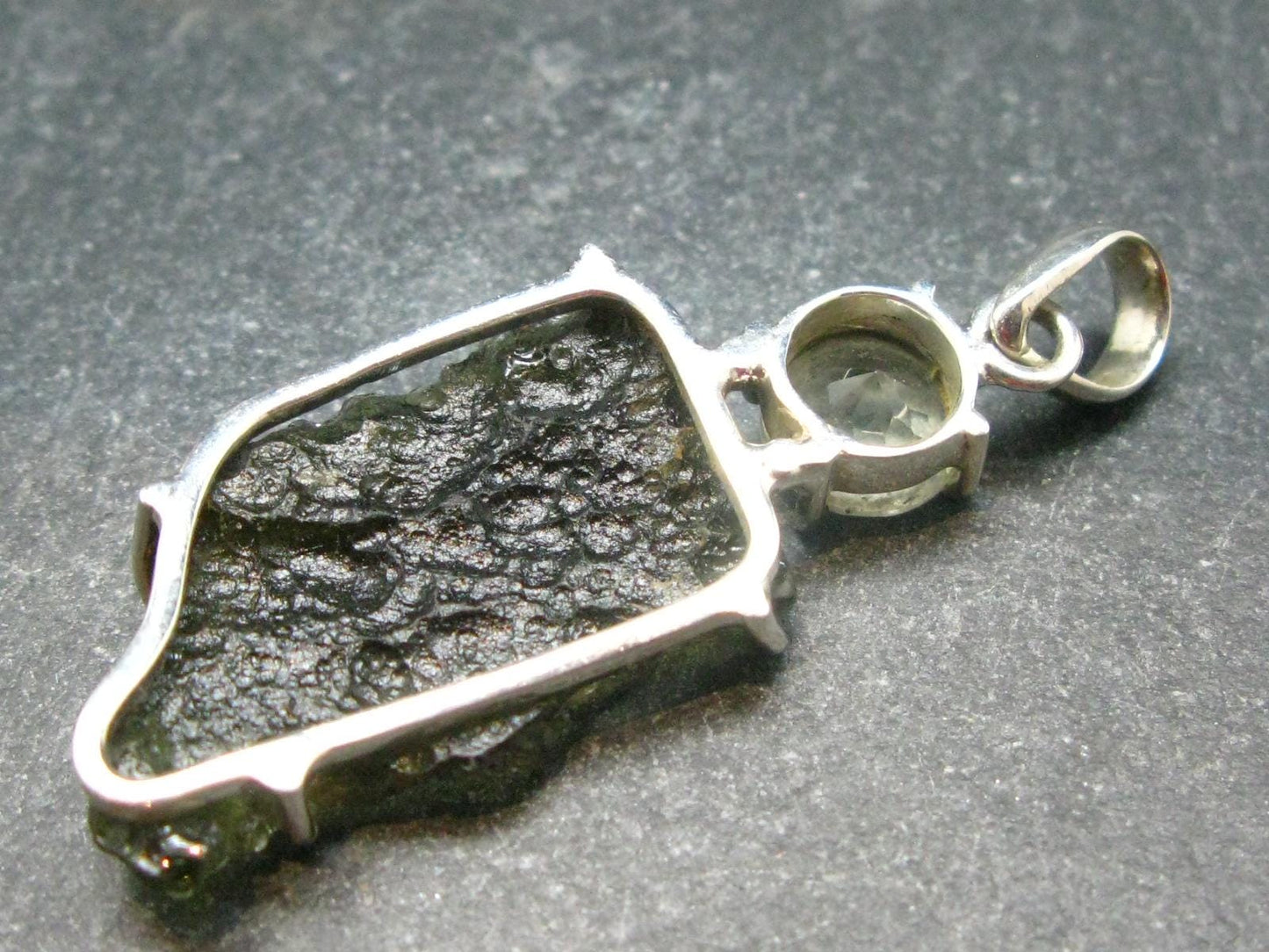 Raw Moldavite Tektite And Polished Libyan Tektite Silver Pendant - 2.0" - 8.01 Grams