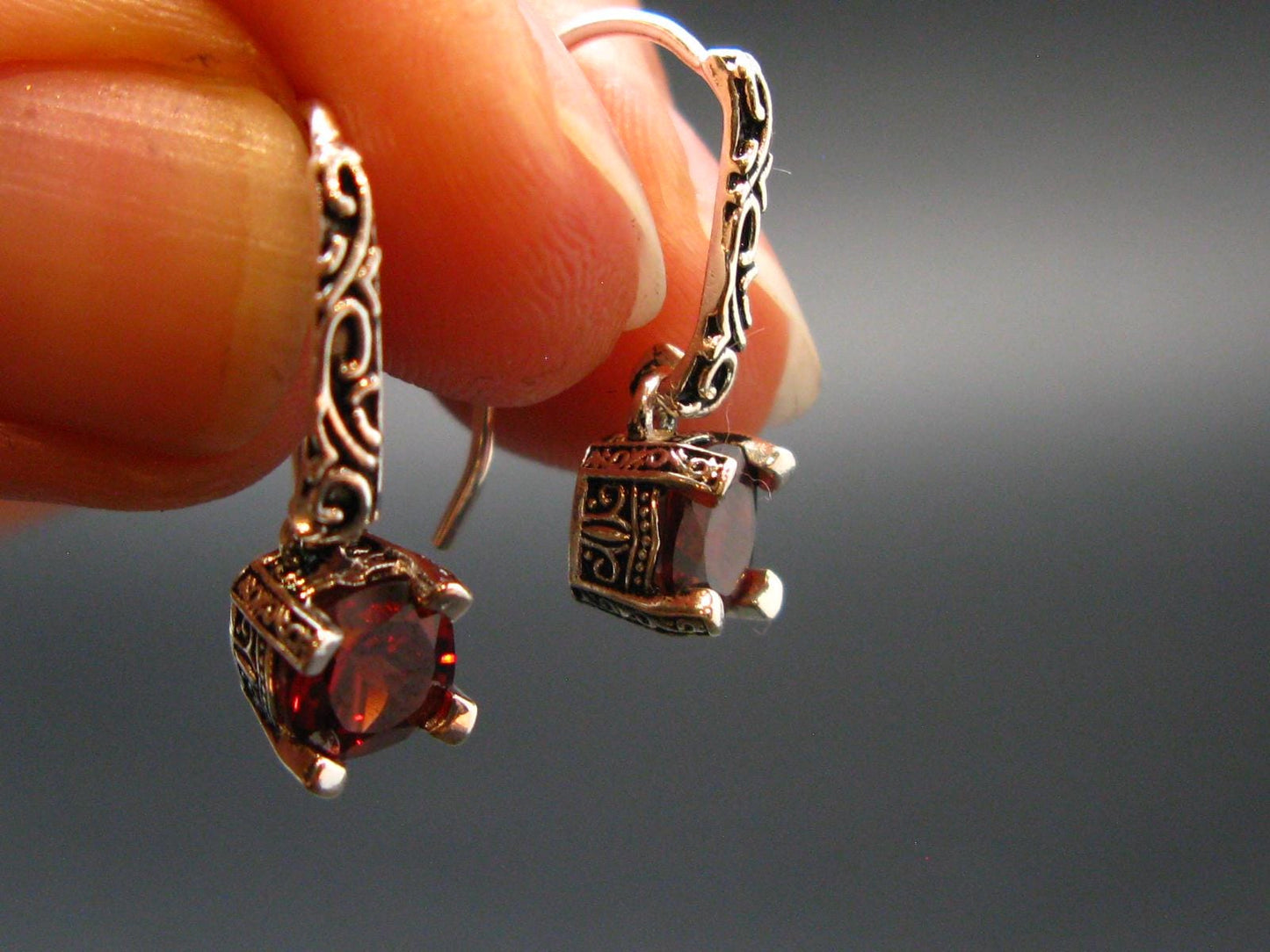 Natural Faceted Red Garnet Almandine Sterling Silver Earrings from India - 2.34 Grams