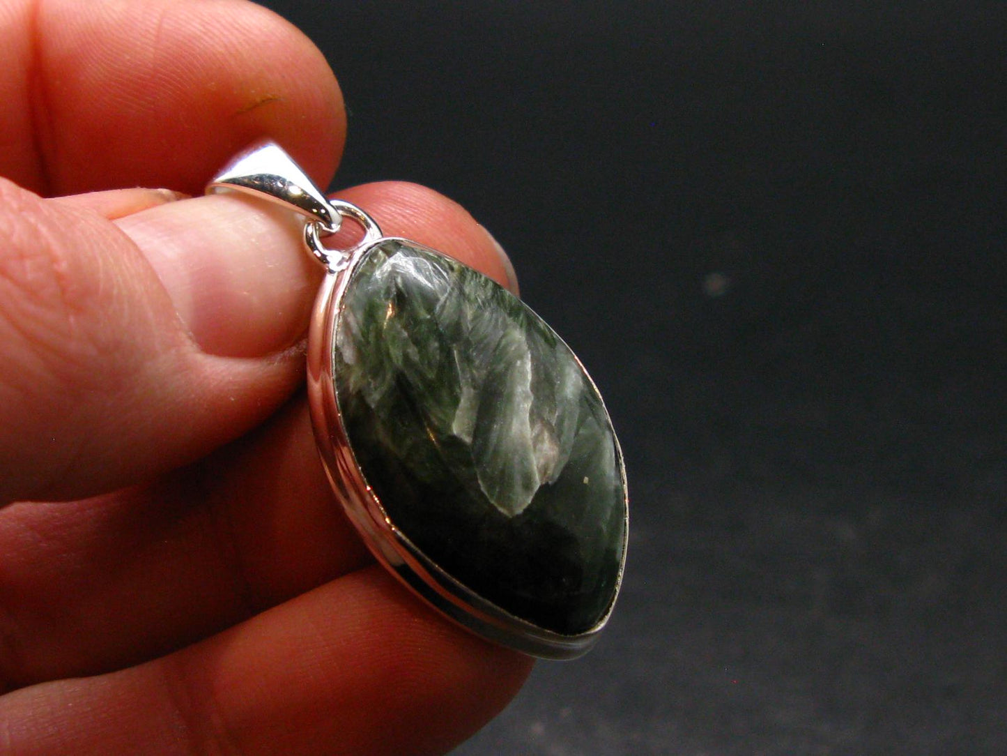 Nice Polished Seraphinite Clinochlore Stalactite Silver Plated Pendant From Russia - 1.5" - 6.11 Grams